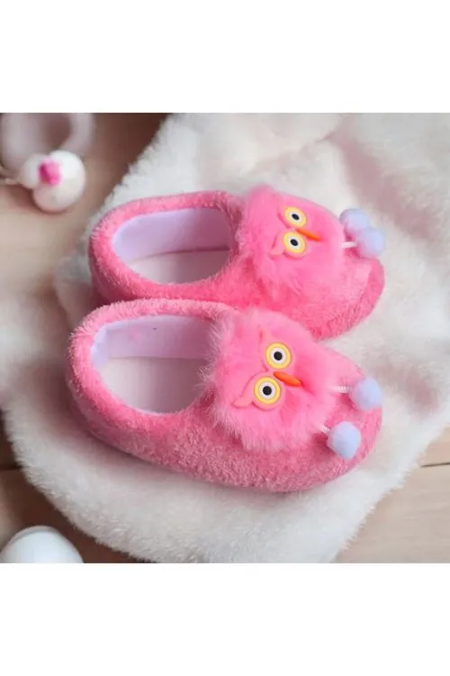 Kız Çocuk Hayvan Figürlü Pembe Panduf Kışlık Yumuşak Peluş Ev Ayakkabısı