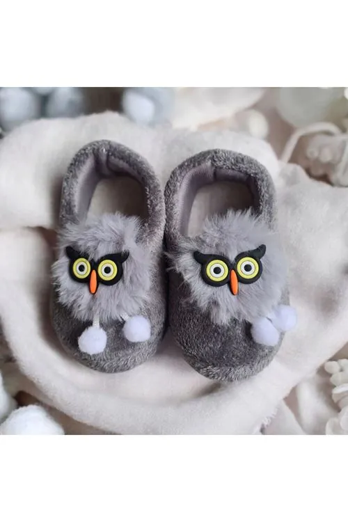 Erkek Çocuk Hayvan Figürlü Gri Panduf Kışlık Yumuşak Peluş Ev Kreş Ayakkabısı