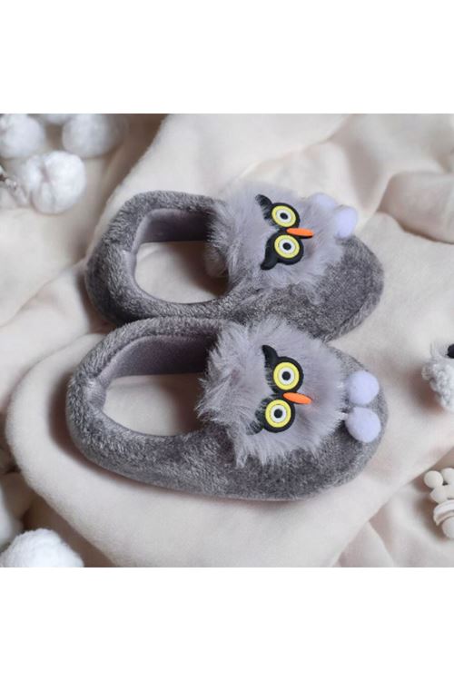 Erkek Çocuk Hayvan Figürlü Gri Panduf Kışlık Yumuşak Peluş Ev Kreş Ayakkabısı