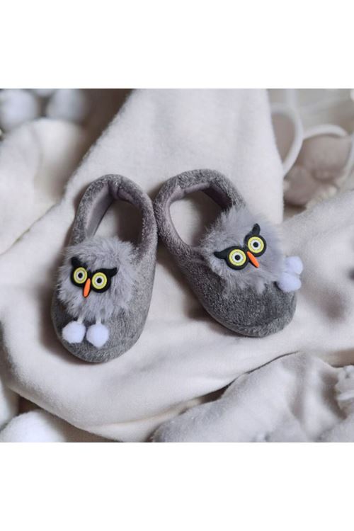 Erkek Çocuk Hayvan Figürlü Gri Panduf Kışlık Yumuşak Peluş Ev Kreş Ayakkabısı