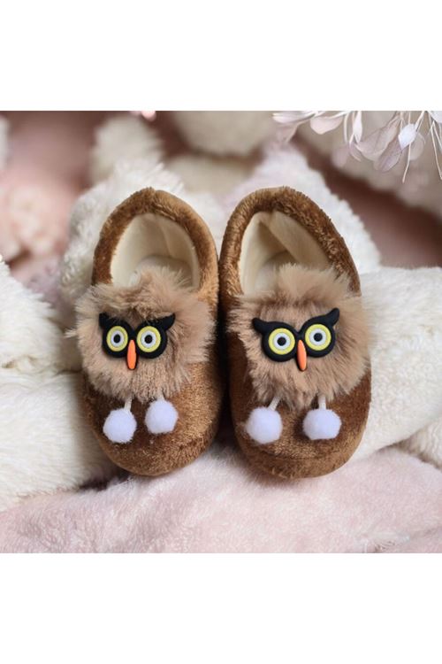 Çocuk Hayvan Figürlü Kahverengi Erkek Kız Unisex Panduf Kışlık Yumuşak Peluş Ev Ayakkabısı