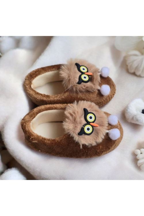Çocuk Hayvan Figürlü Kahverengi Erkek Kız Unisex Panduf Kışlık Yumuşak Peluş Ev Ayakkabısı