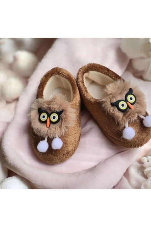 Çocuk Hayvan Figürlü Kahverengi Erkek Kız Unisex Panduf Kışlık Yumuşak Peluş Ev Ayakkabısı