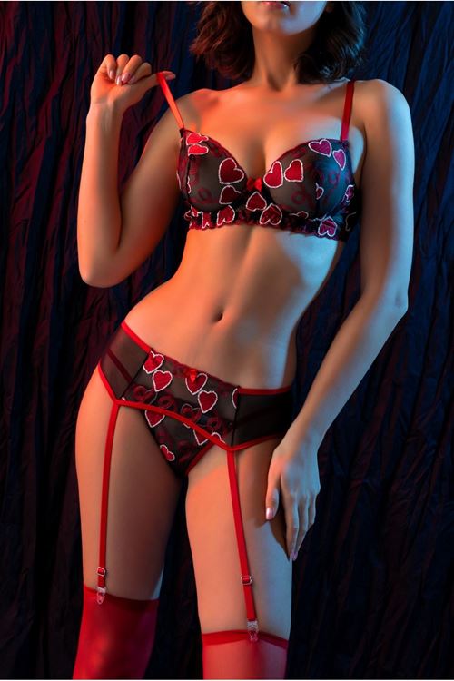 Kırmızı Transparan Dantel String Jartiyer Takımı 4 Parça Fantazi Set