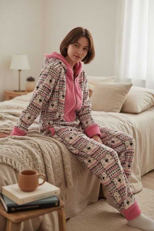 Kadın Kapüşonlu Pembe Desenli Fermuarlı Kışlık Polar Pijama Tulum