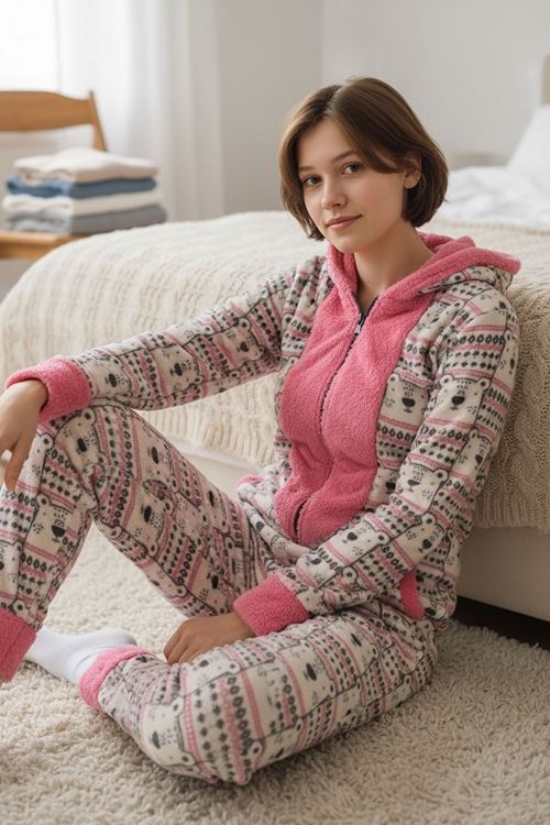 Kadın Kapüşonlu Pembe Desenli Fermuarlı Kışlık Polar Pijama Tulum