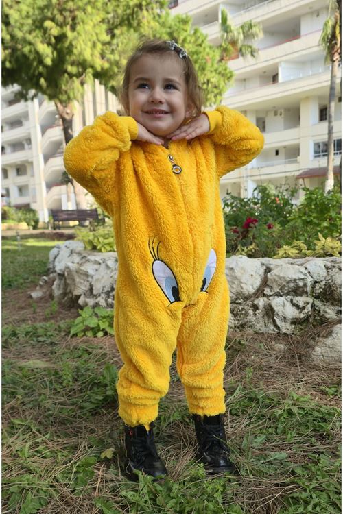 Kız Erkek Unisex Kışlık Peluş Polar Sarı Kapüşonlu Çocuk Bebek Tulum Civcivli Pijama Takımı