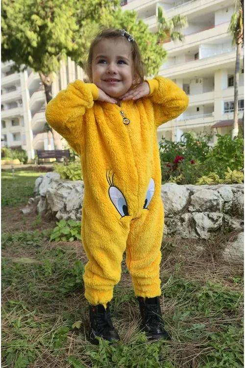 Children's Yellow Chick Plush Fleece All-in-One Pyjama — Hooded, Zip-Front, Unisex