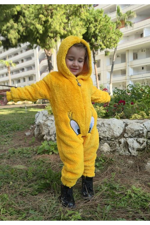 Kız Erkek Unisex Kışlık Peluş Polar Sarı Kapüşonlu Çocuk Bebek Tulum Civcivli Pijama Takımı