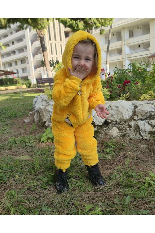 Kız Erkek Unisex Kışlık Peluş Polar Sarı Kapüşonlu Çocuk Bebek Tulum Civcivli Pijama Takımı