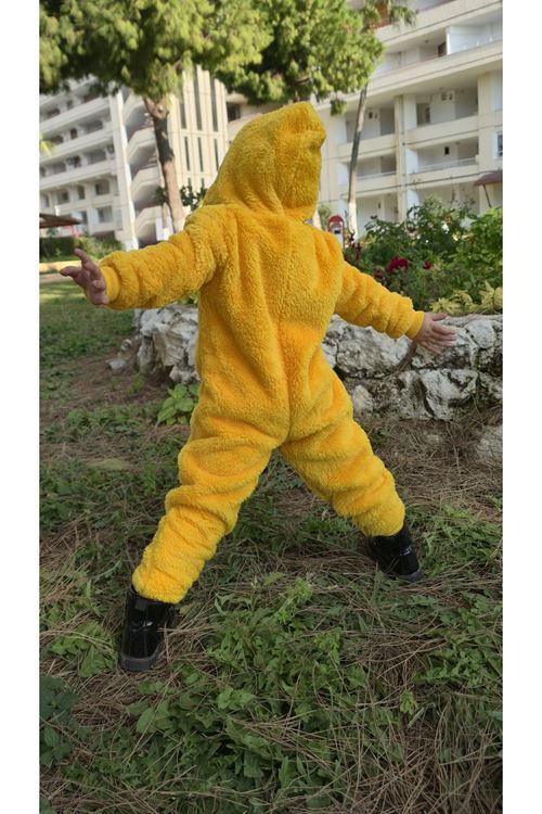 Kız Erkek Unisex Kışlık Peluş Polar Sarı Kapüşonlu Çocuk Bebek Tulum Civcivli Pijama Takımı