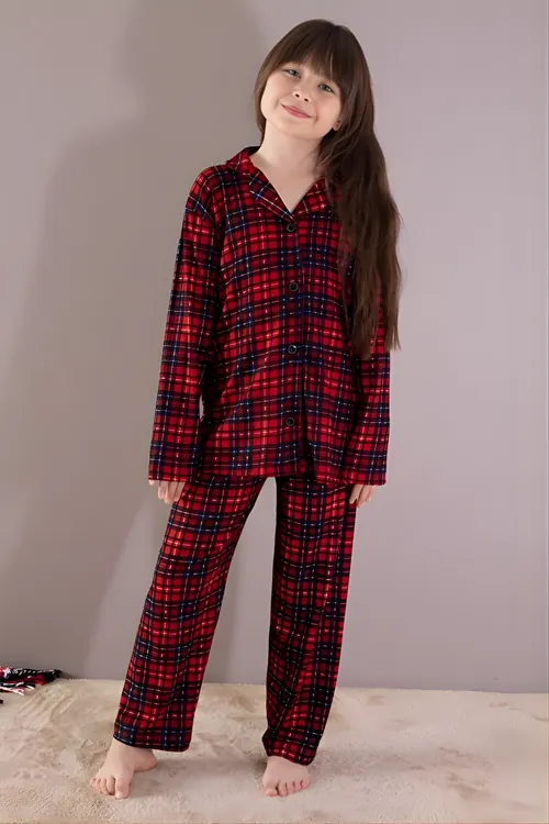 Kırmızı Kışlık Ekoseli Uzun Kol Düğmeli Kız Erkek Çocuk Pijama Takımı