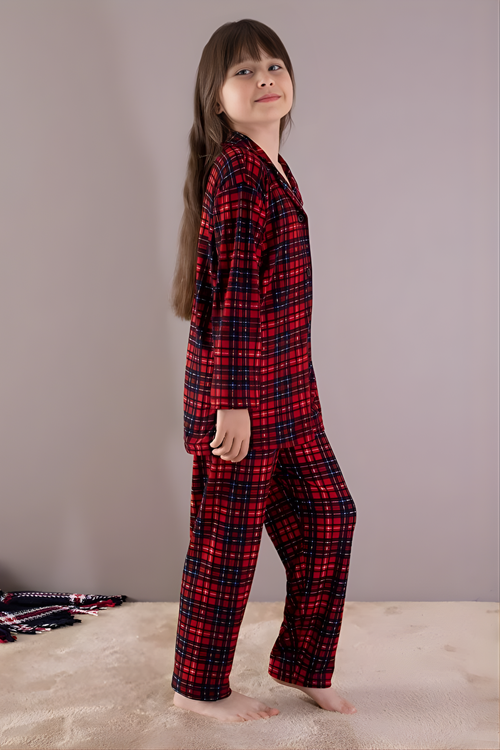 Kırmızı Kışlık Ekoseli Uzun Kol Düğmeli Kız Erkek Çocuk Pijama Takımı
