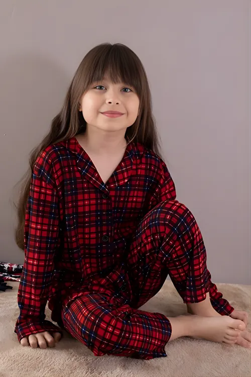 Kırmızı Kışlık Ekoseli Uzun Kol Düğmeli Kız Erkek Çocuk Pijama Takımı