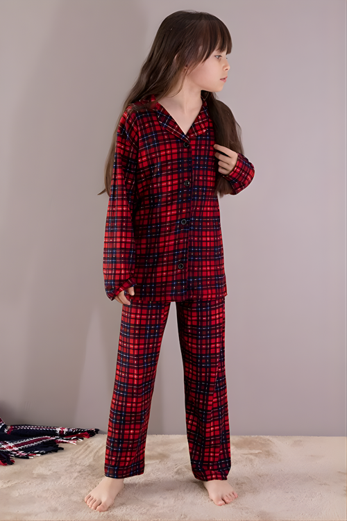 Kırmızı Kışlık Ekoseli Uzun Kol Düğmeli Kız Erkek Çocuk Pijama Takımı