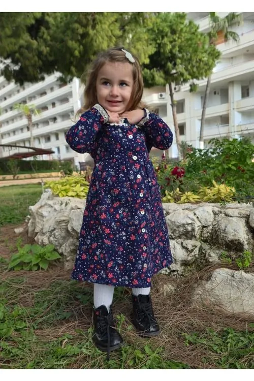 Kışlık Kalın Çiçek Desenli Cepli Pazen Kumaş Bebe Yaka Lacivert Kız Çocuk Elbise