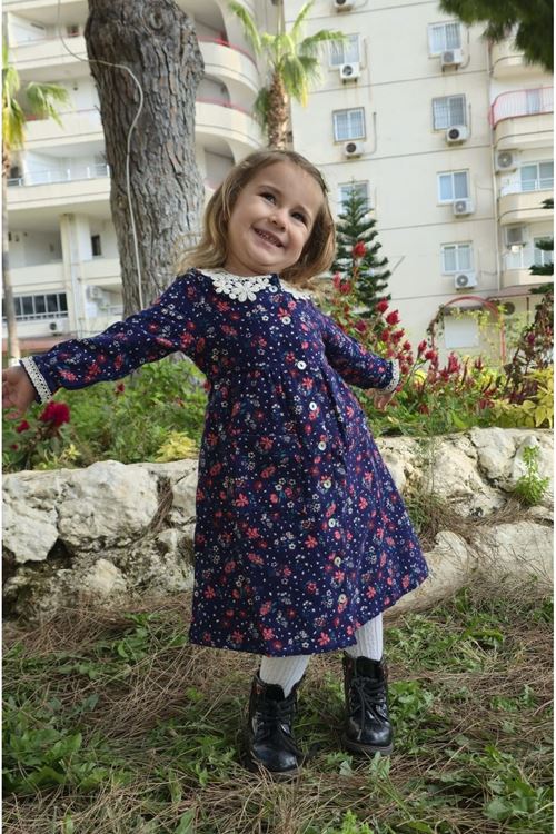 Kışlık Kalın Çiçek Desenli Cepli Pazen Kumaş Bebe Yaka Lacivert Kız Çocuk Elbise