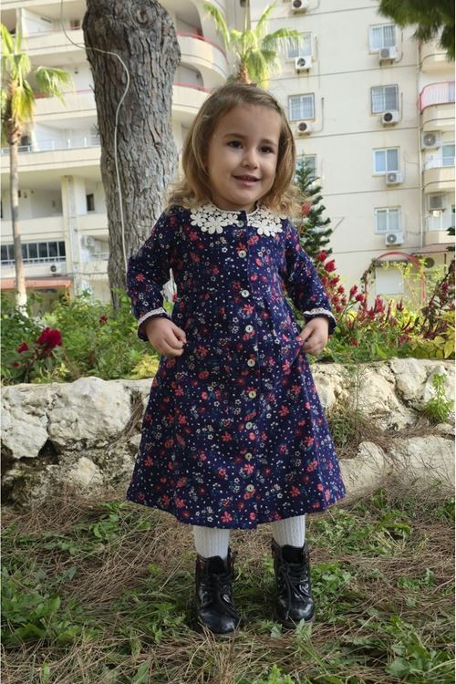 Kışlık Kalın Çiçek Desenli Cepli Pazen Kumaş Bebe Yaka Lacivert Kız Çocuk Elbise