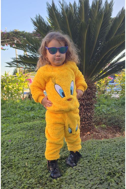 Civcivli Peluş Sarı Kız Erkek Çocuk Kışlık Pamuklu Pijama Takımı
