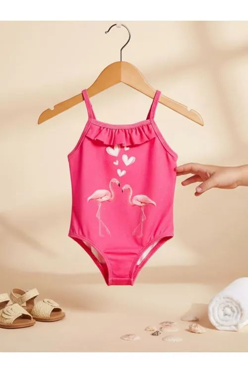 Kız Çocuk Pembe Flamingo Desenli Askılı Mayo