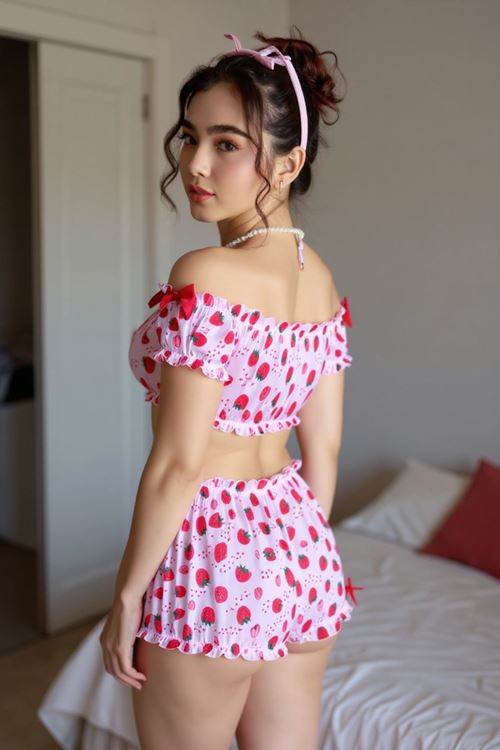 Kadın Kısa Şortlu Fiyonk Detaylı Çilekli Büstiyer Mini Pembe Pijama Takım