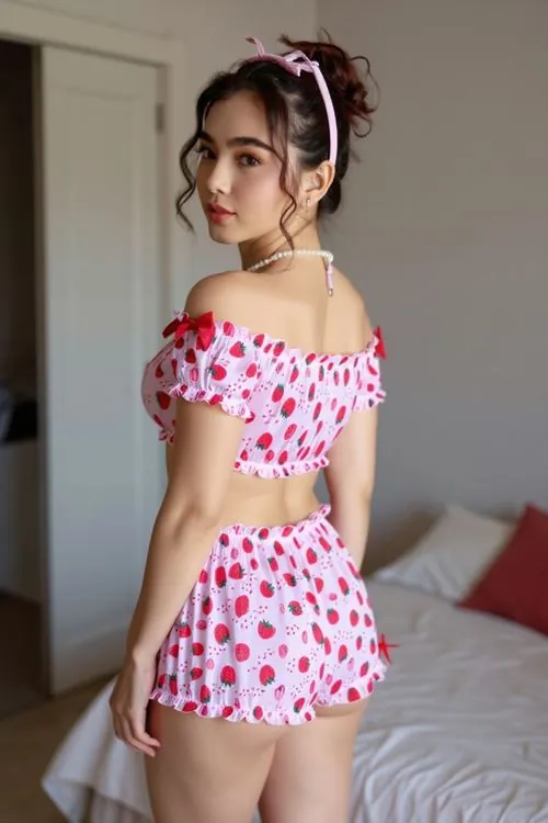 Kadın Kısa Şortlu Fiyonk Detaylı Çilekli Büstiyer Mini Pembe Pijama Takım