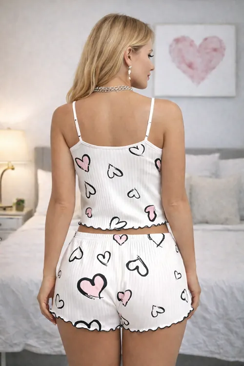 Kadın Kalp Desenli Kolsuz Mini Beyaz Şortlu Fiyonk Detaylı Askılı Yazlık Pijama Takımı