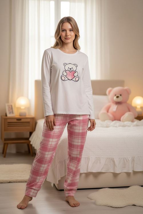 Kadın Ayıcıklı Nakışlı Kalpli Pamuklu Uzun Kollu Mevsimlik Sevgililer Günü Hediyesi Pijama Takımı