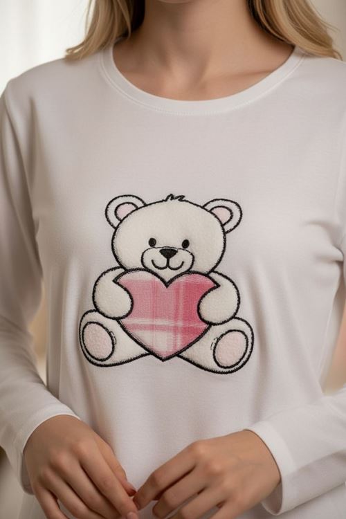 Kadın Ayıcıklı Nakışlı Kalpli Pamuklu Uzun Kollu Mevsimlik Sevgililer Günü Hediyesi Pijama Takımı