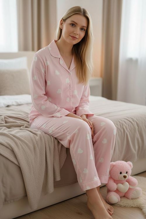 Kadın Kalpli Desenli Süet Gömlek Yaka Uzun Kol Pembe Kışlık Pijama Takımı