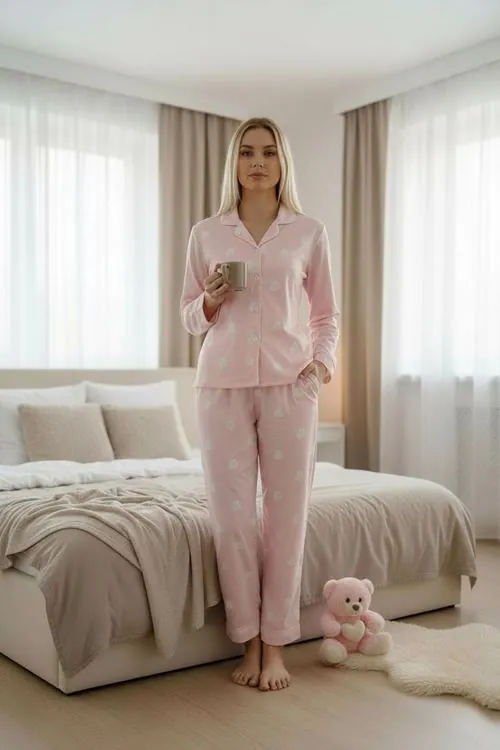 Kadın Kalpli Desenli Süet Gömlek Yaka Uzun Kol Pembe Kışlık Pijama Takımı