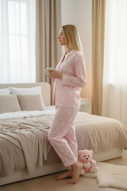 Kadın Kalpli Desenli Süet Gömlek Yaka Uzun Kol Pembe Kışlık Pijama Takımı