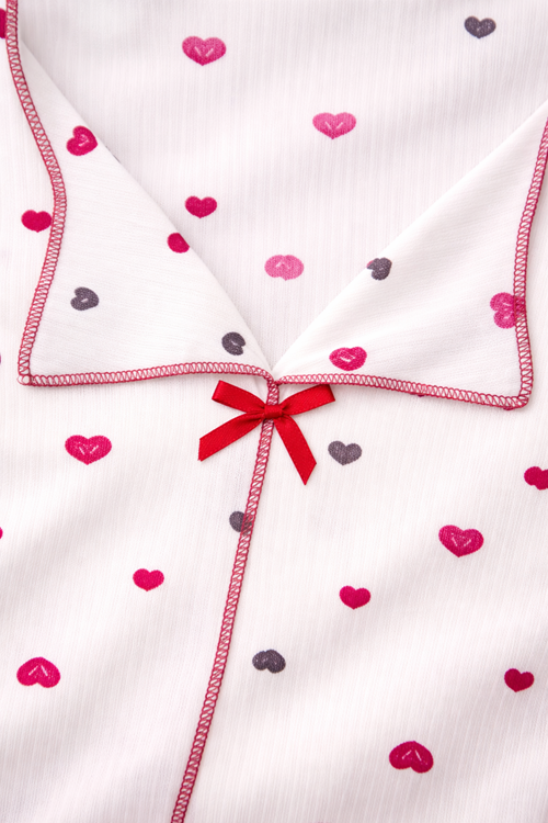 Kadın Fiyonk Detaylı Kalpli Uzun Kol Sevgiliye Hediye Pijama Takımı