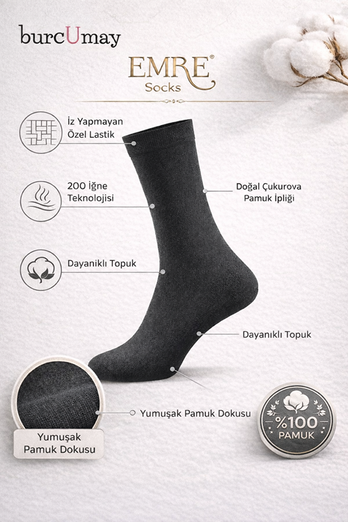 Pamuklu Soket Uzun Düz Siyah Çorap 6'lı Özel Kutulu %100 Pamuk Erkek Çorabı