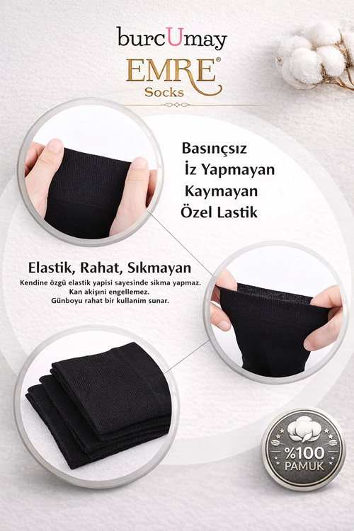 Pamuklu Soket Uzun Düz Siyah Çorap 6'lı Özel Kutulu %100 Pamuk Erkek Çorabı
