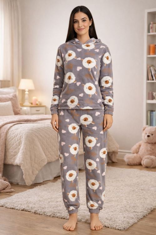Kadın Desenli Kapüşonlu Gri Polar Pijama Takımı