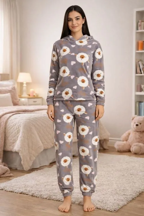Kadın Desenli Kapüşonlu Gri Polar Pijama Takımı