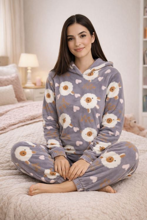Kadın Desenli Kapüşonlu Gri Polar Pijama Takımı