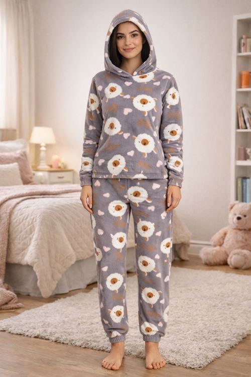 Kadın Desenli Kapüşonlu Gri Polar Pijama Takımı