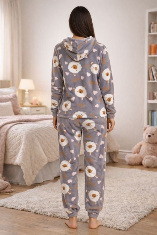 Kadın Desenli Kapüşonlu Gri Polar Pijama Takımı