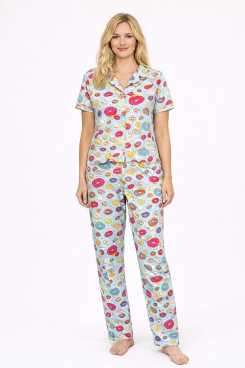 Kadın Çok Renkli Donut Desenli Kısa Kollu Yazlık Pijama Takımı