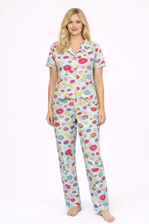 Kadın Çok Renkli Donut Desenli Kısa Kollu Yazlık Pijama Takımı