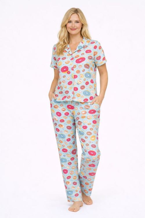 Kadın Çok Renkli Donut Desenli Kısa Kollu Yazlık Pijama Takımı