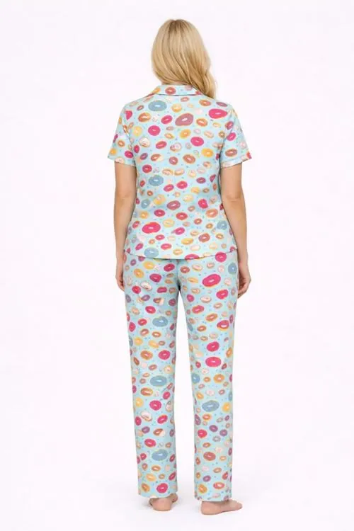 Kadın Çok Renkli Donut Desenli Kısa Kollu Yazlık Pijama Takımı