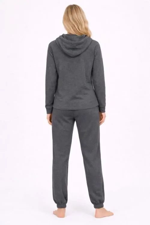 Kadın Kapüşonlu Kışlık Gri Eşofman Pijama Takımı