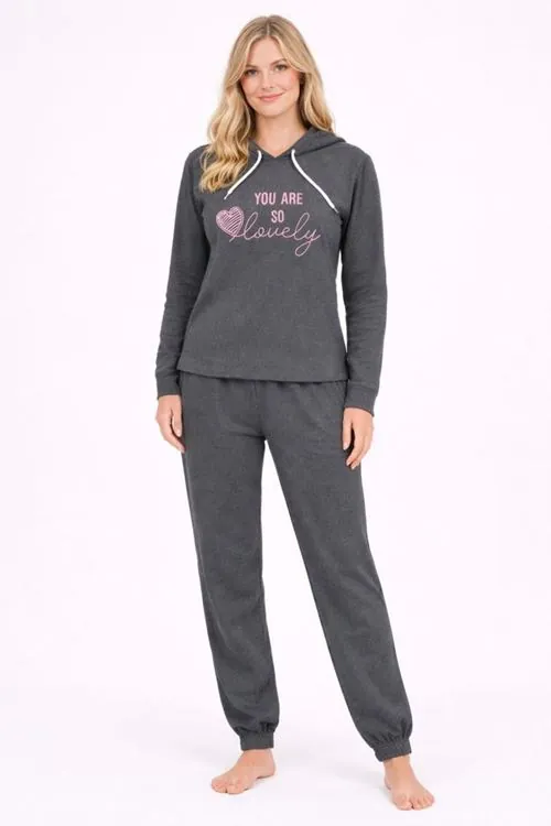 Women's Grey Hooded Pyjama & Tracksuit Set — "You Are So Lovely" Slogan Print, Two-Piece