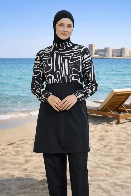 Women's Black Patterned Full-Coverage Modest Swimsuit Set — Parachute Fabric with Matching Swim Cap (3 Piece)