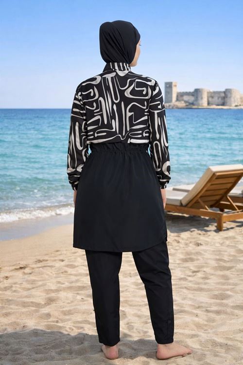 Tam Kapalı Paraşüt Kumaş Siyah Desenli Tesettür Mayo Takımı Haşema