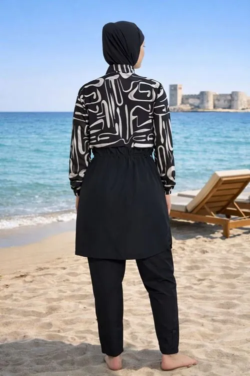 Women's Black Patterned Full-Coverage Modest Swimsuit Set — Parachute Fabric with Matching Swim Cap (3 Piece)