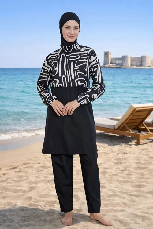 Women's Black Patterned Full-Coverage Modest Swimsuit Set — Parachute Fabric with Matching Swim Cap (3 Piece)